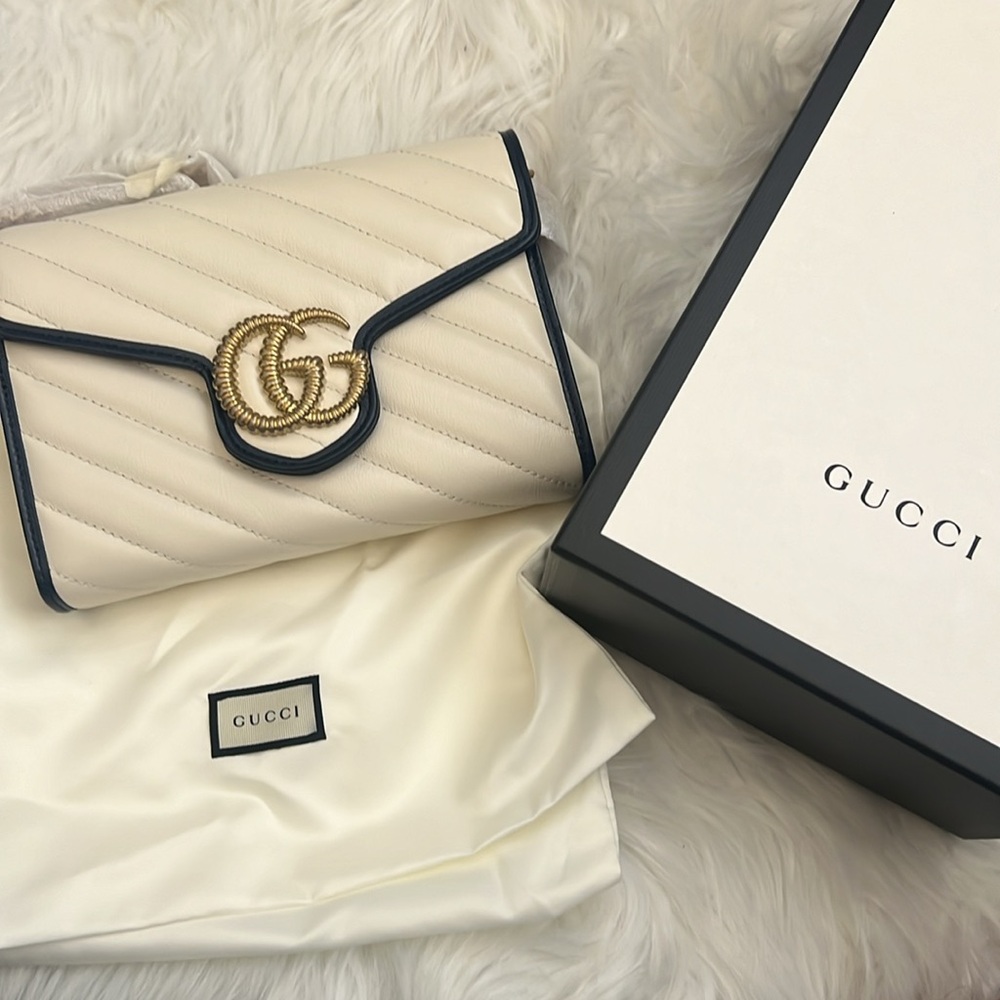 🆕💯% Auth Gucci Blue Agata GG Marmont Shoulder Bag Cream Calfskin Leather - Picture 14 of 16